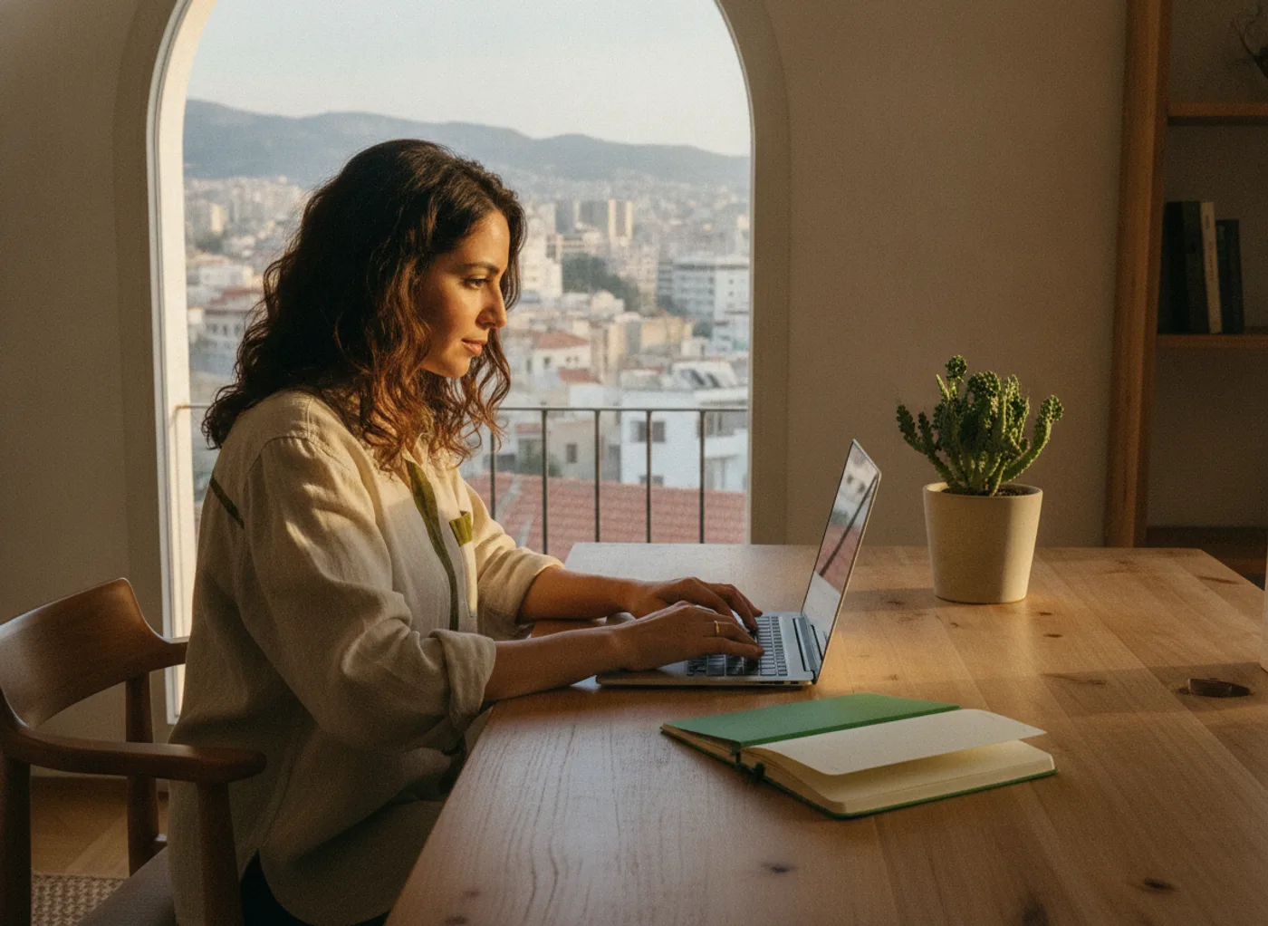 A freelance designer working on a laptop in a bright Beirut apartment