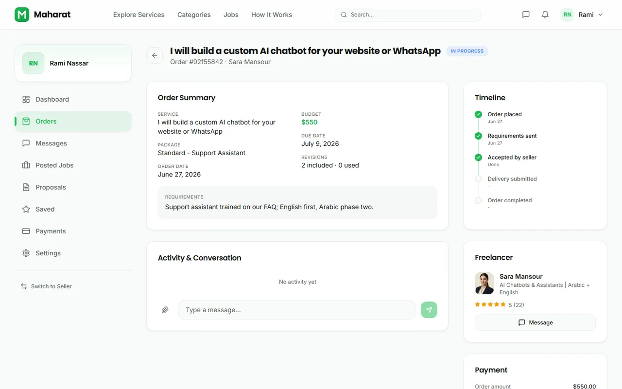 An order page with timeline, chat, and delivery actions