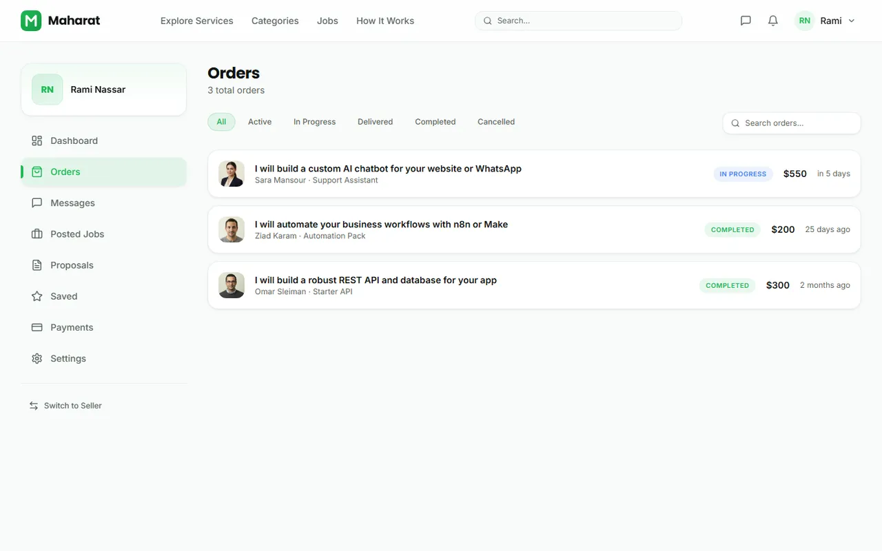 The client orders list with statuses