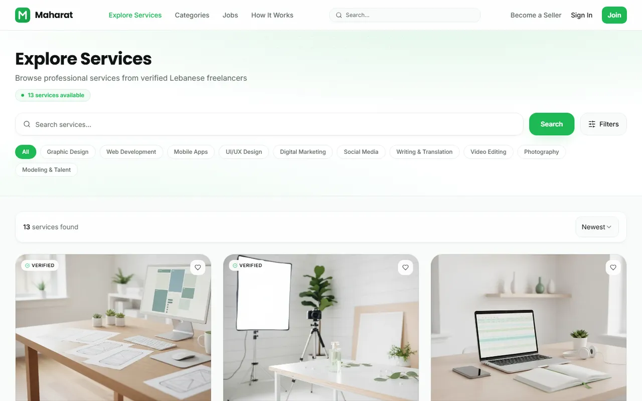 The Explore page with service cards and filters
