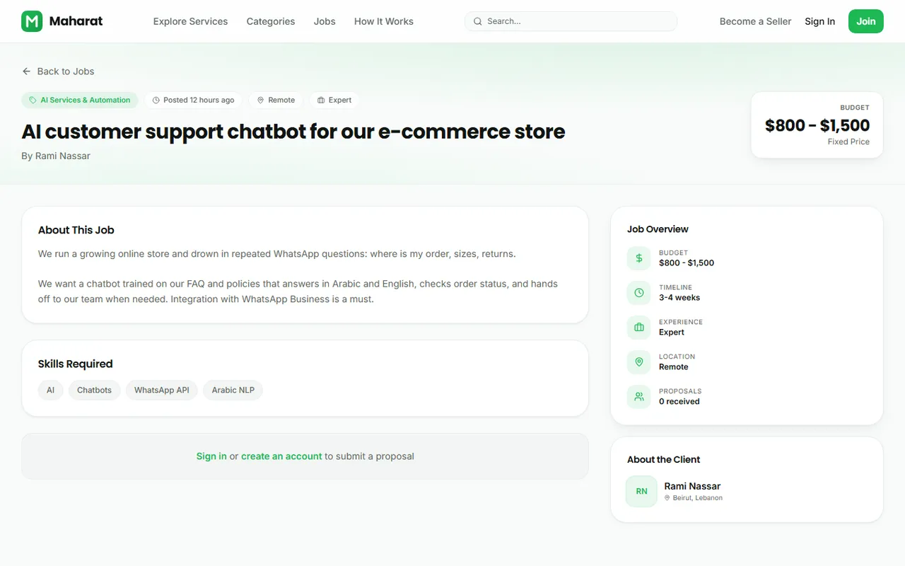 A job page where freelancers submit proposals