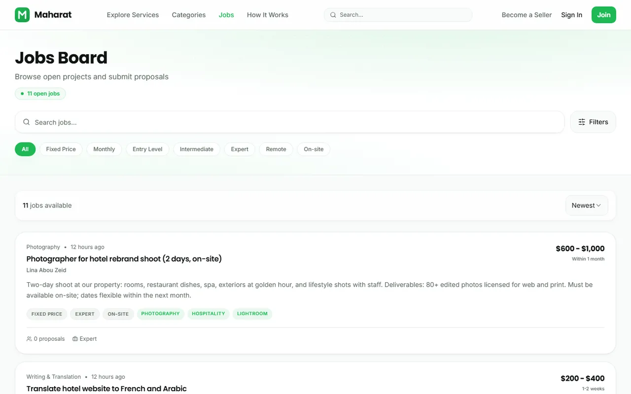 The jobs board with open client projects