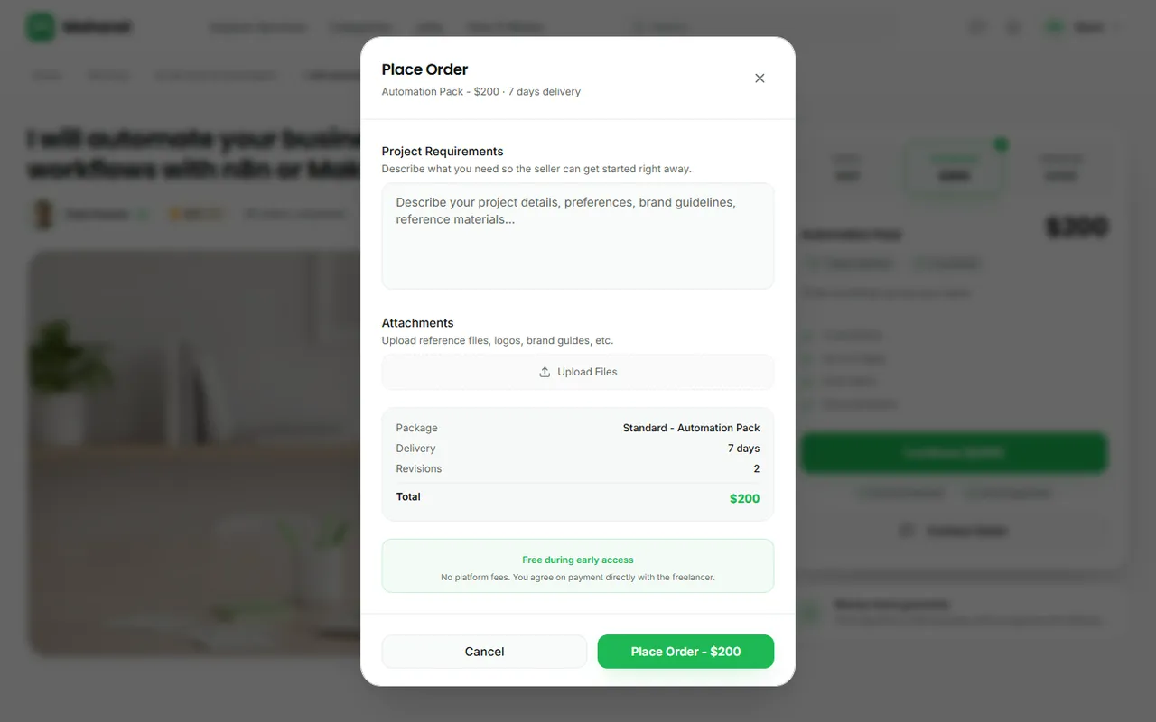 The order form with requirements and attachments