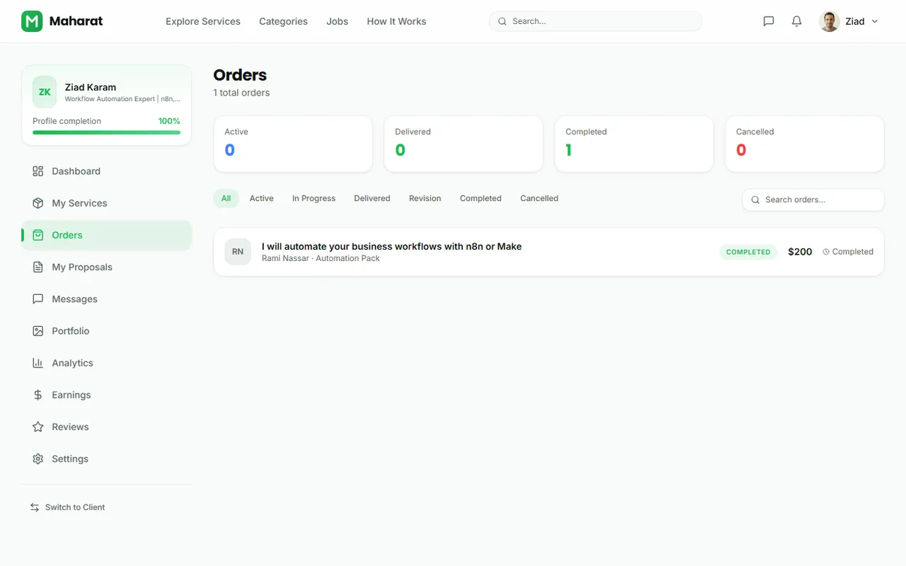 The seller orders page with statuses