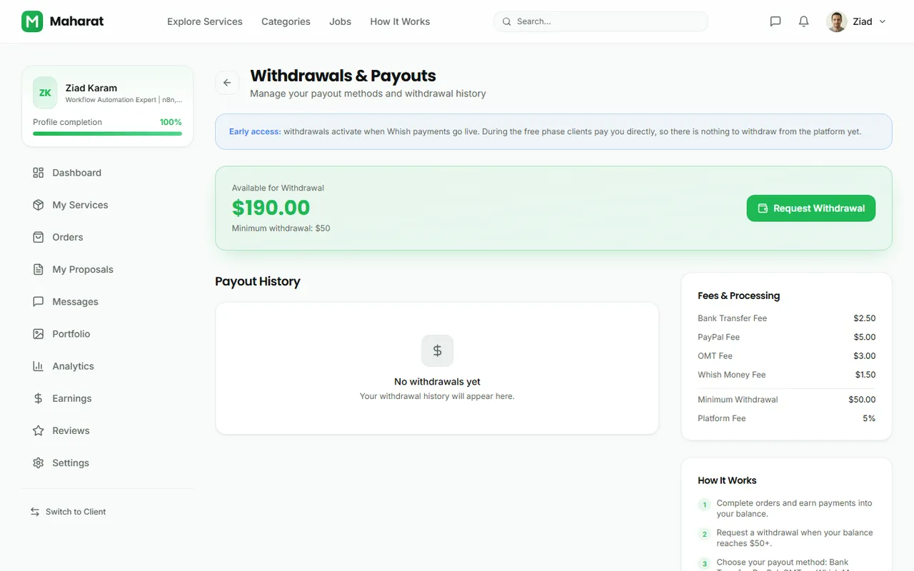 The withdrawals page with payout methods