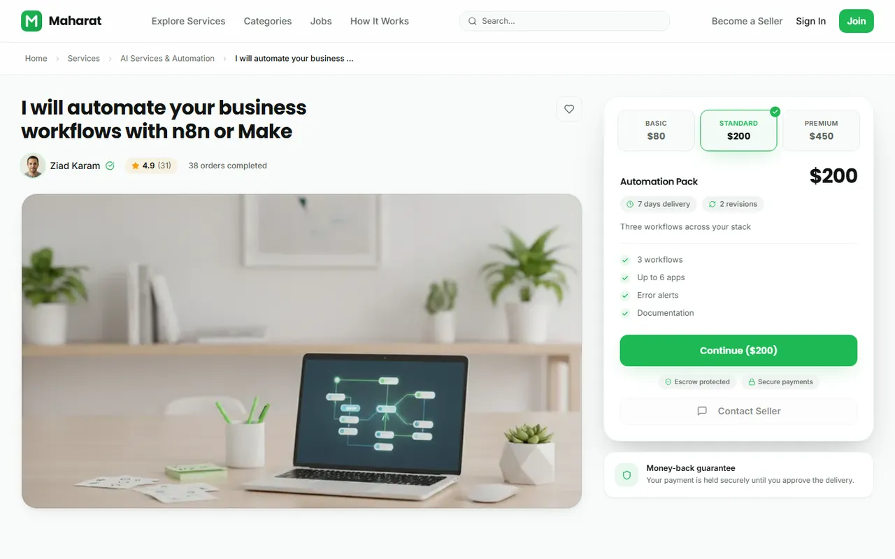 A service page with package tiers and reviews